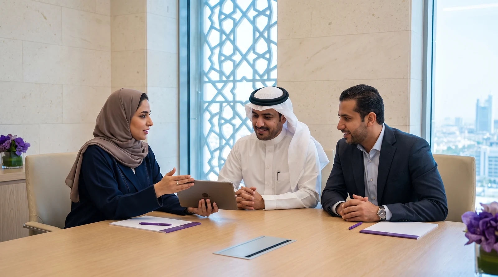 Team discussing a business project in a modern workspace