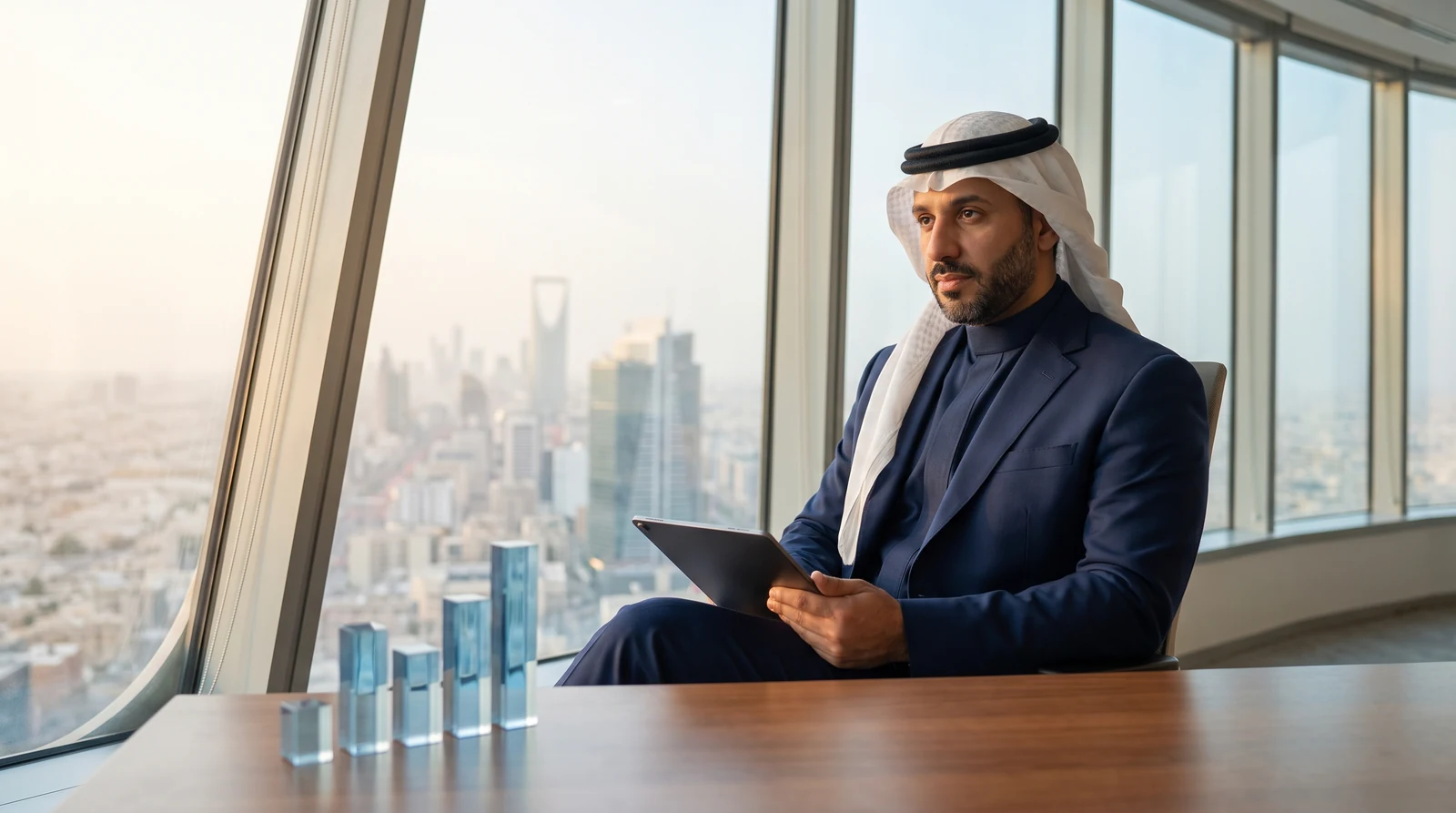 Illustrative Saudi analyst reviewing a tablet beside a Riyadh office window