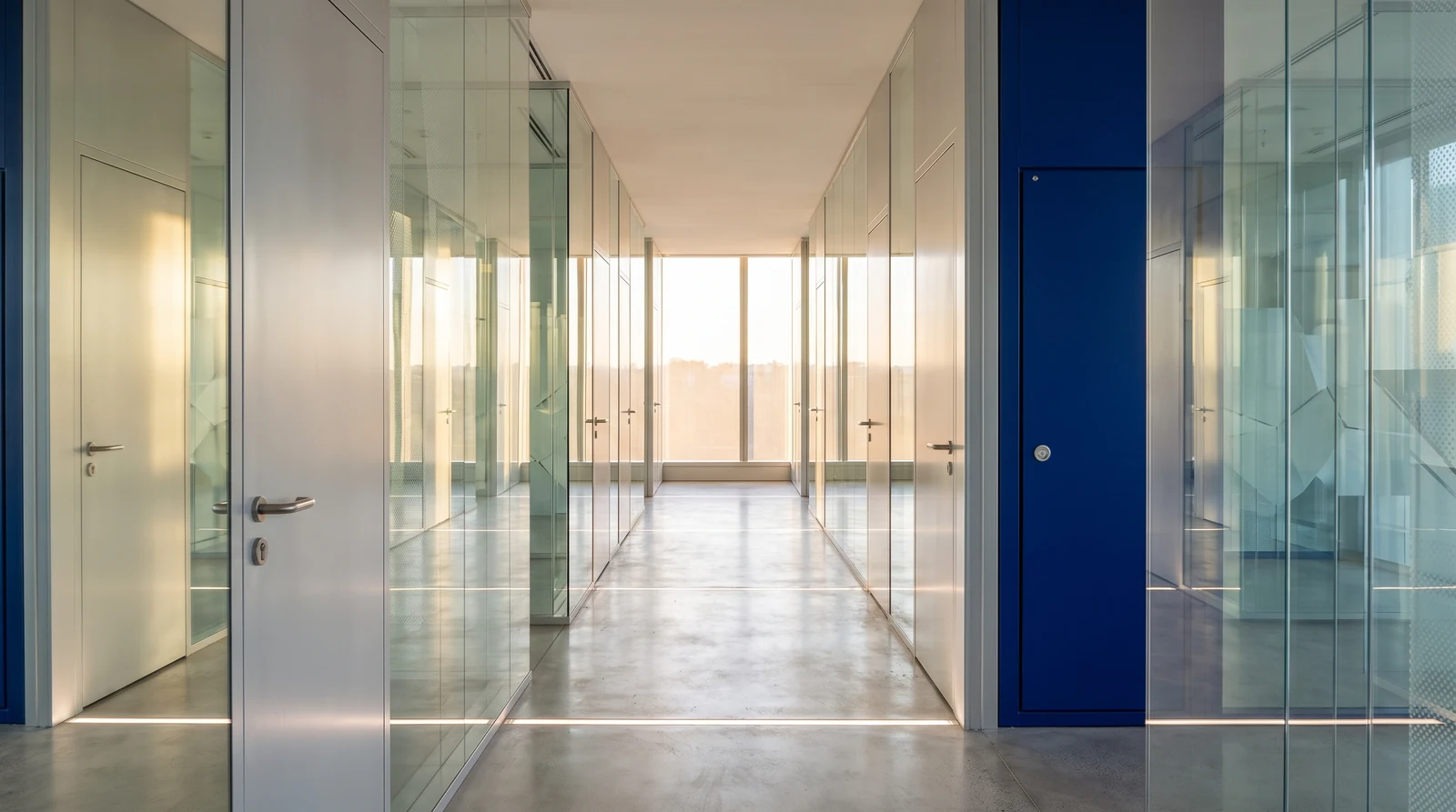 Illustrative infrastructure corridor with glass partitions and a cobalt access panel